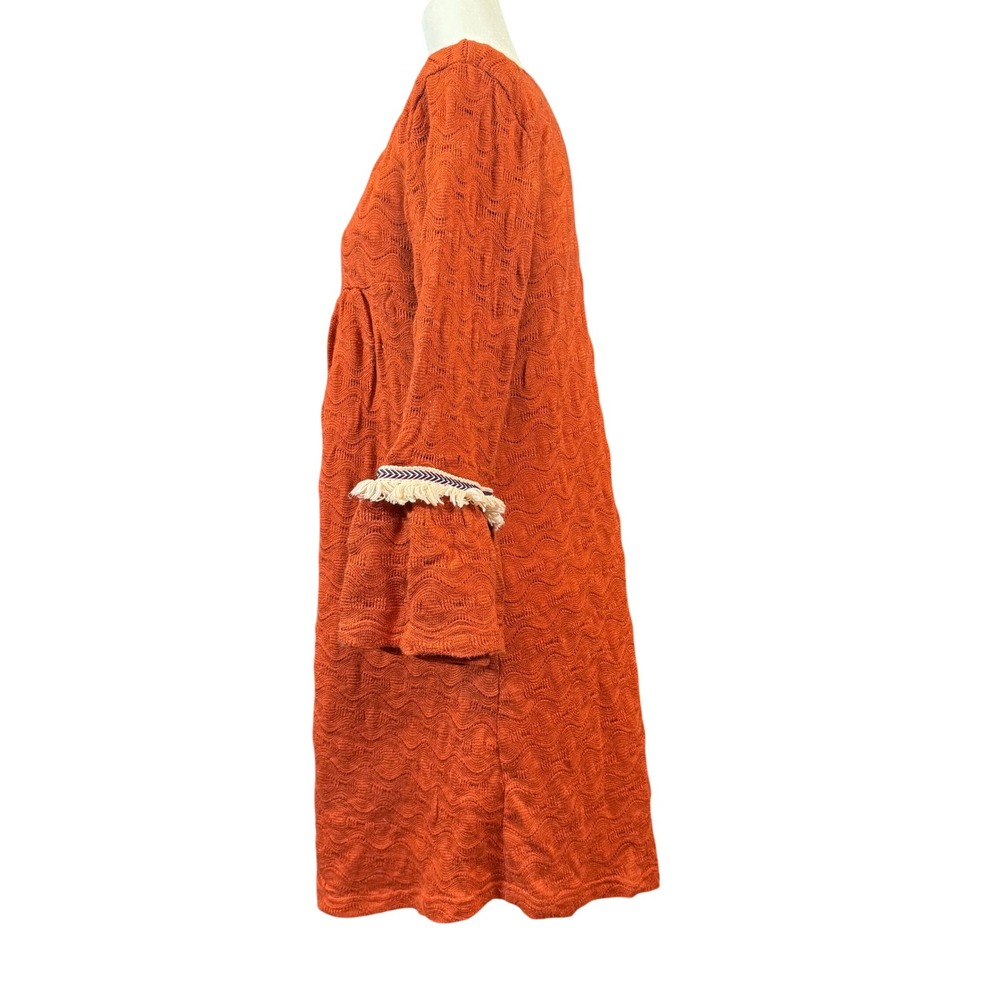 Hayden Los Angeles Shift Dress Rust Orange Boho Bell Sleeve Fringe Size Large - Picture 5 of 7